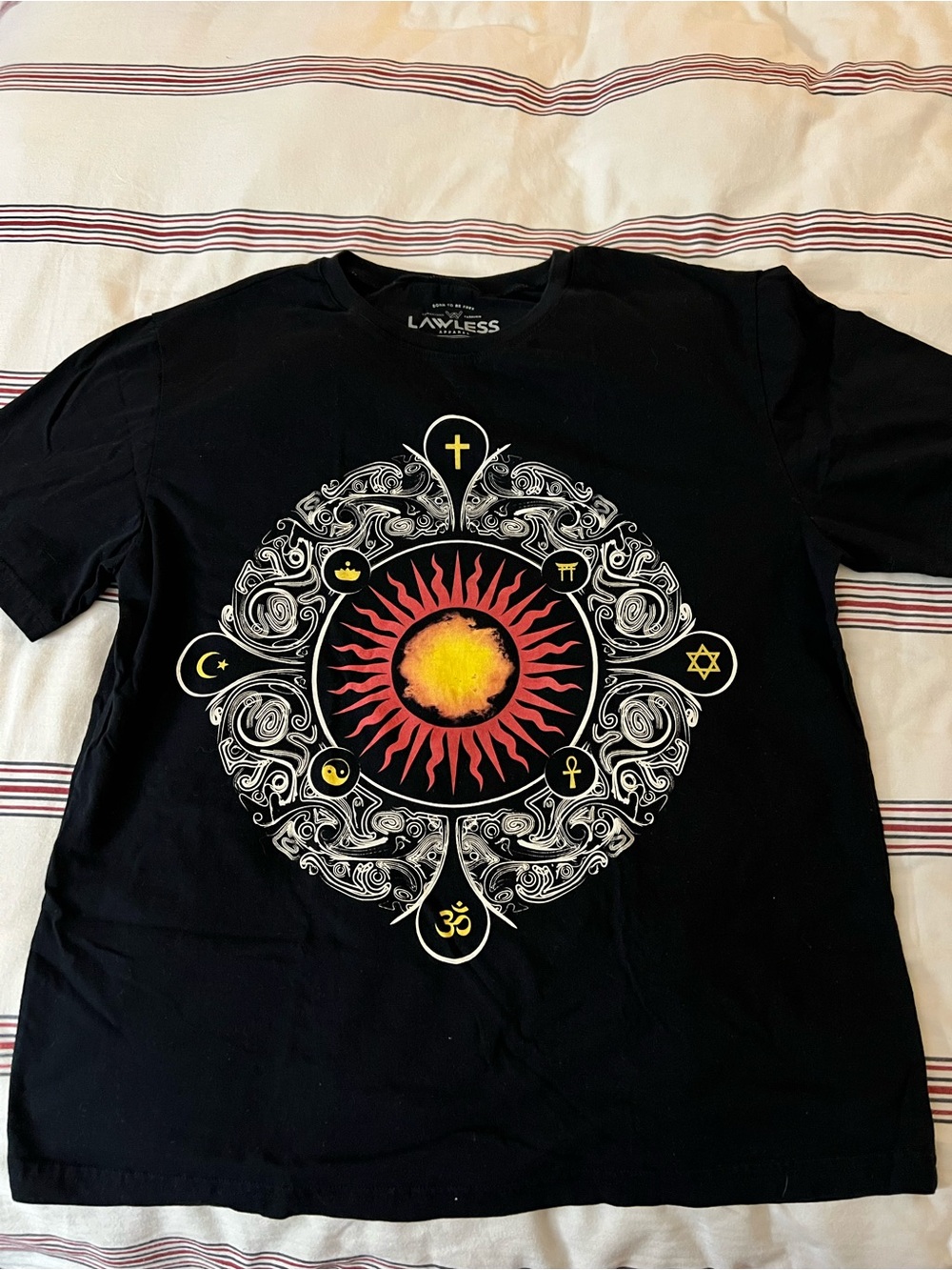 LAWLESS Black Tee with Red and Yellow Sunburst Graphic